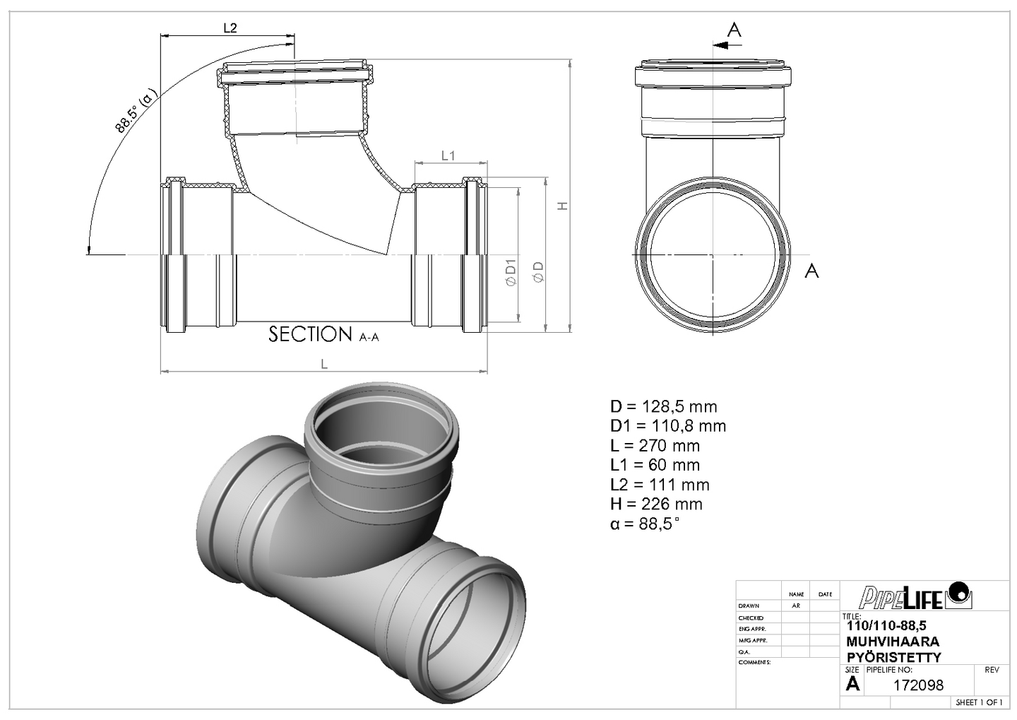 Muhvihaara Pipelife 110x110x88,5 pyöristetty