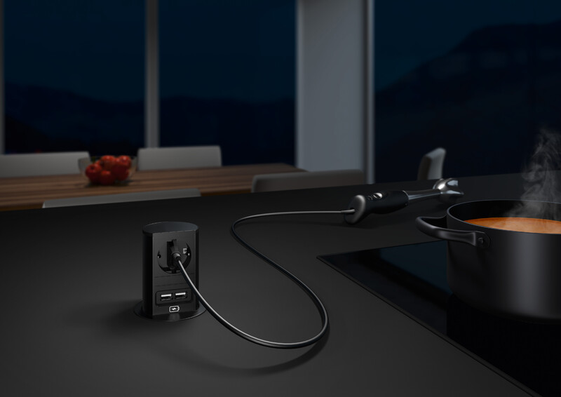 Pistorasiapaneeli Elevator pop-up  1pr + 2 USB A musta