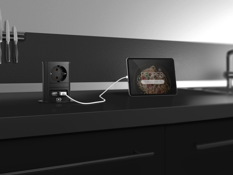 Pistorasiapaneeli Elevator pop-up  1pr + 2 USB A musta