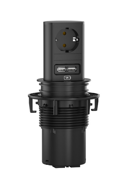 Pistorasiapaneeli Elevator pop-up  1pr + 2 USB A musta