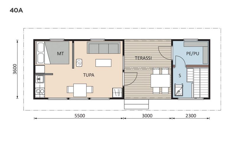 Saunamökki Raami Duo 40 A harjakatto 29,5m²