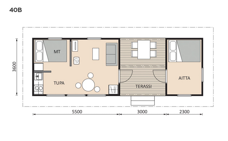 Saunamökki Raami Duo 40 B harjakatto 29,5m²