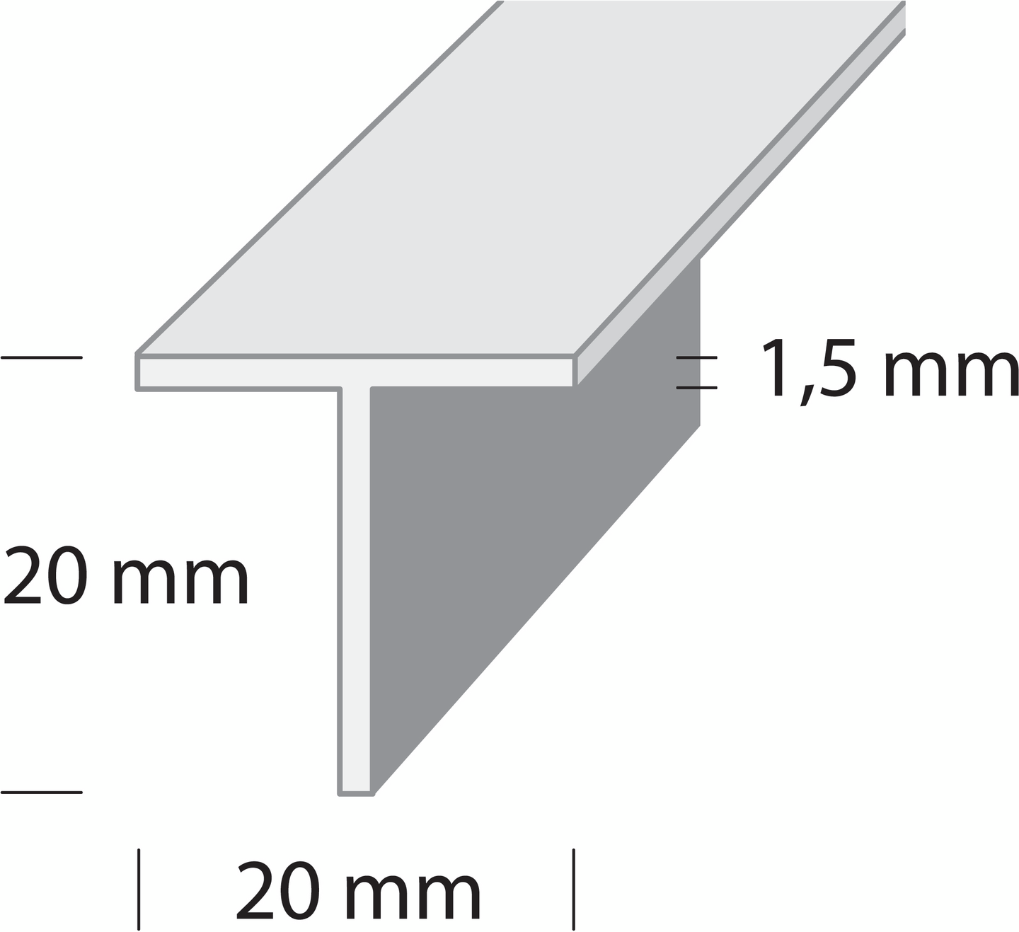 T-lista 20x20x1,5 hopea-anodisoitu 1000mm