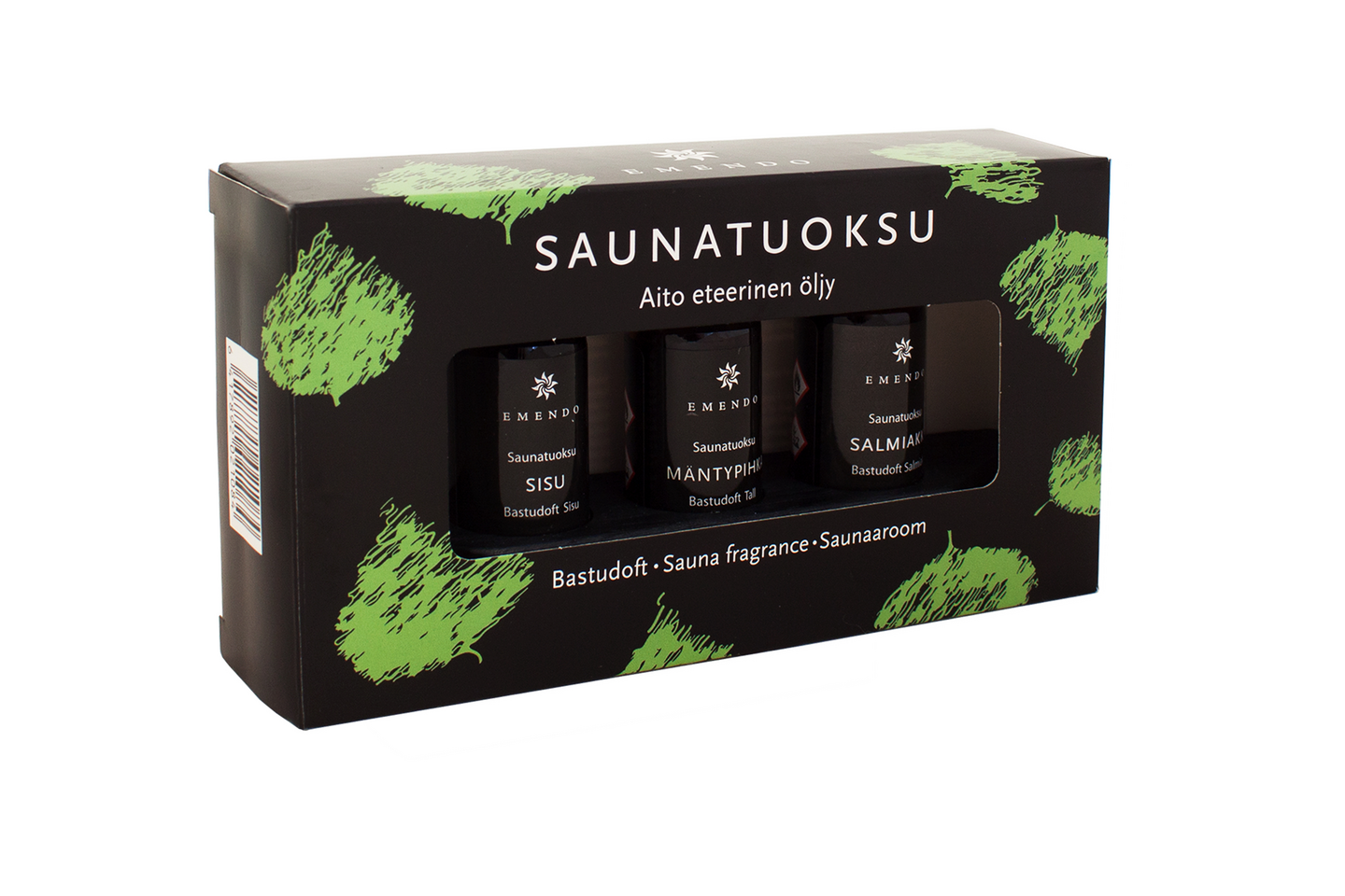 Saunatuoksuteline Emendo puinen musta 3x10ml Salmiakki, Mäntypihka ja Sisu