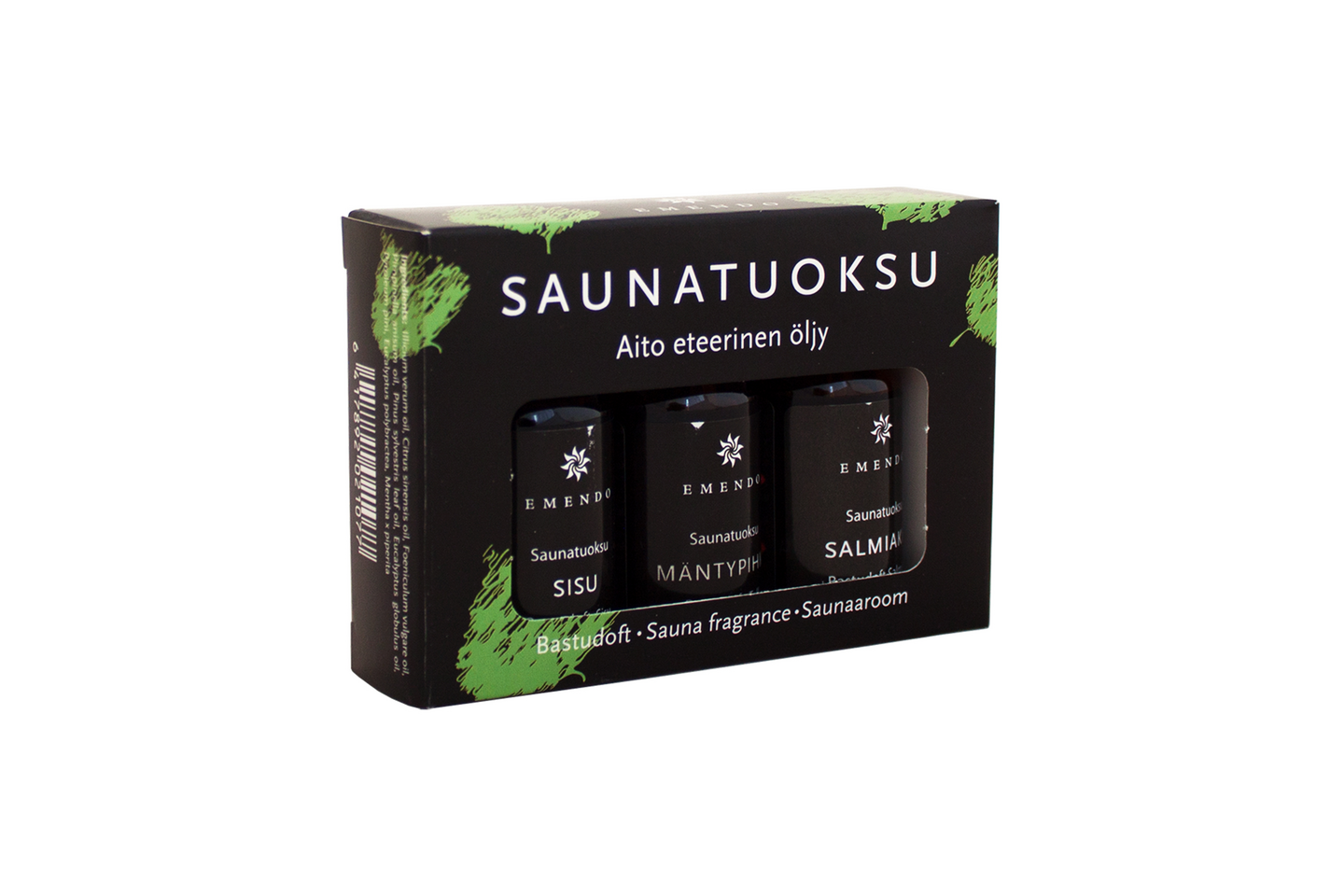 Saunatuoksusetti Emendo musta 3x10ml Salmiakki, Mäntypihka ja Sisu