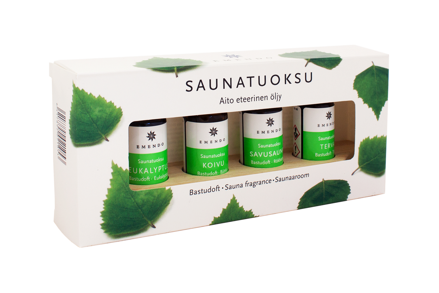 Saunatuoksuteline Emendo puinen 4x10ml Eukalyptus, Koivu, Savusauna ja Terva