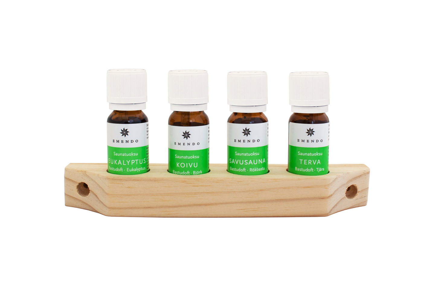 Saunatuoksuteline Emendo puinen 4x10ml Eukalyptus, Koivu, Savusauna ja Terva