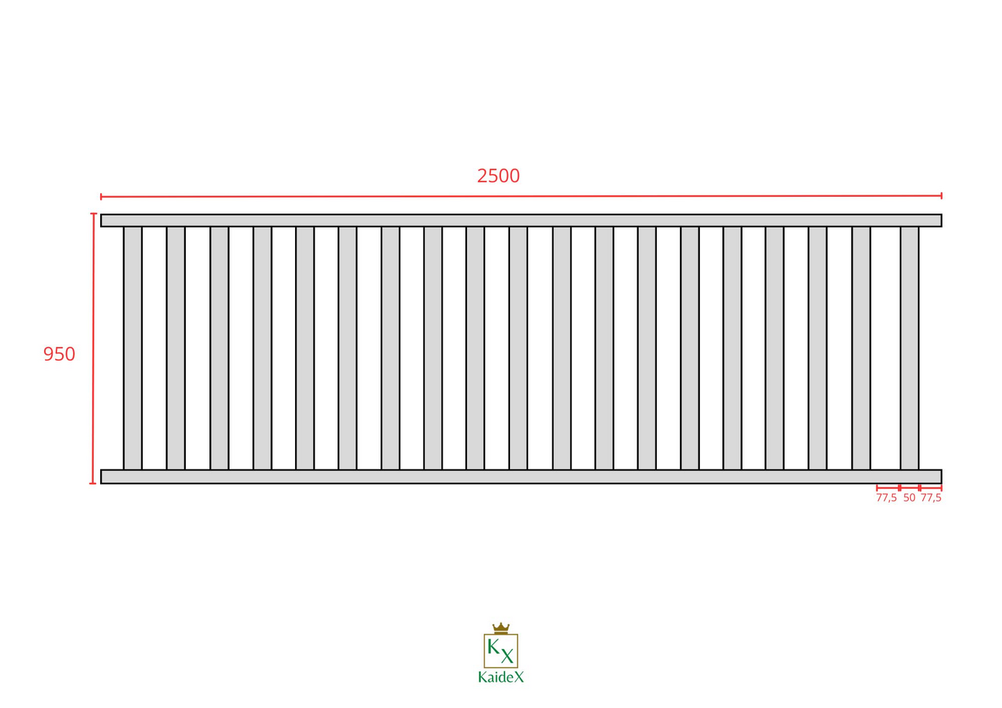 Alumiinikaide-elementti KaideX Paju 2500x950mm Harmaa