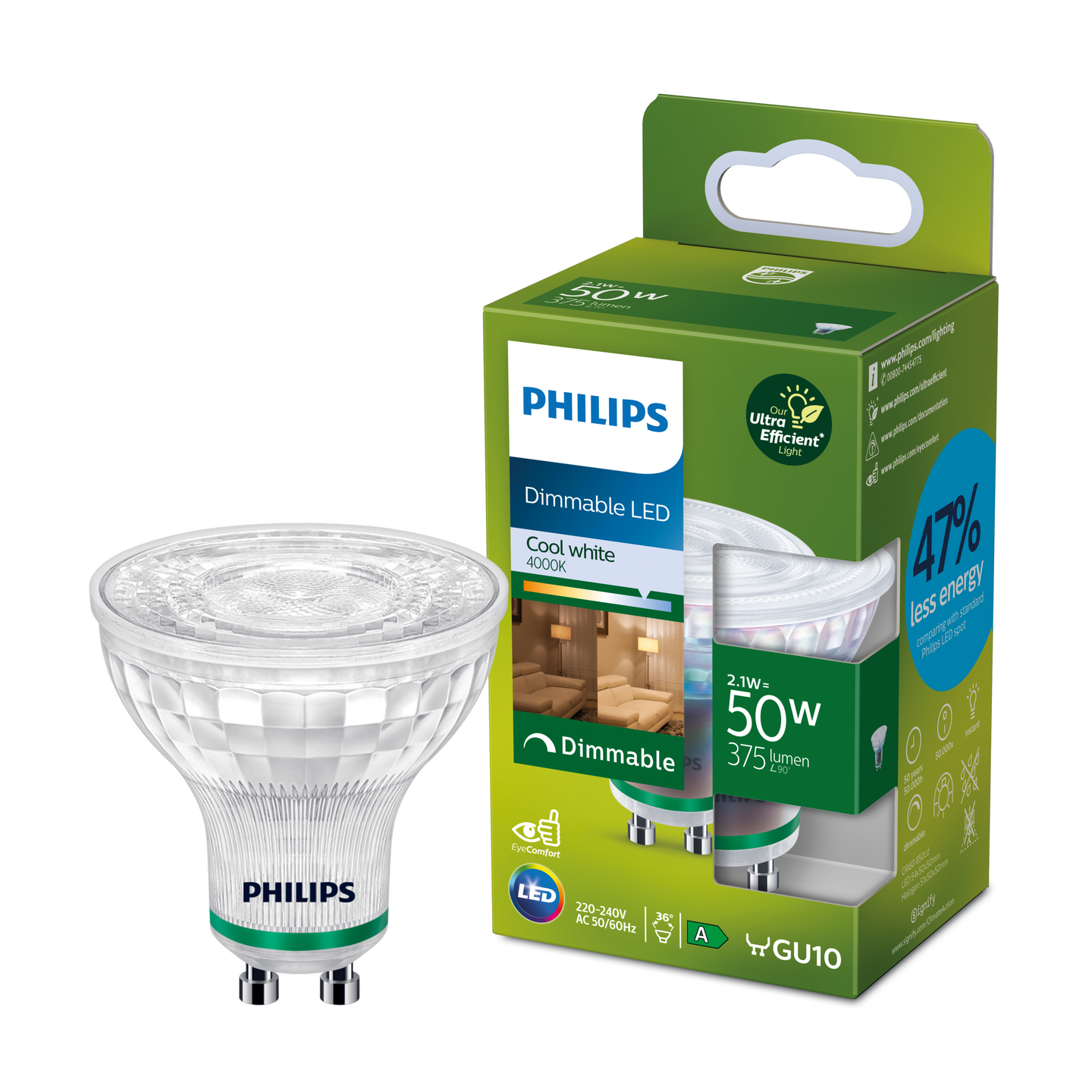 Led-kohdelamppu Philips Ultra Efficient PAR16 400lm 2,1W GU10 4000K kirkas