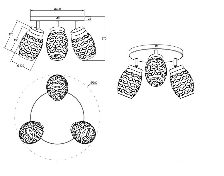 Kattovalaisin TRIO Bidar E14 3-osainen mattamusta/kulta
