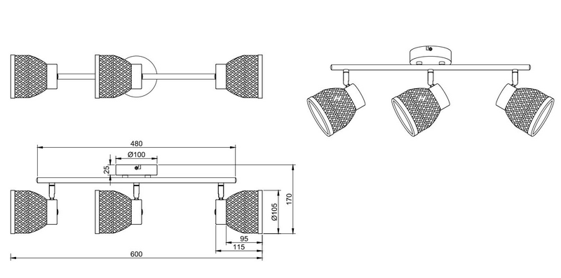 Spotti TRIO Laurent E14 3-osainen mattamusta/bambu
