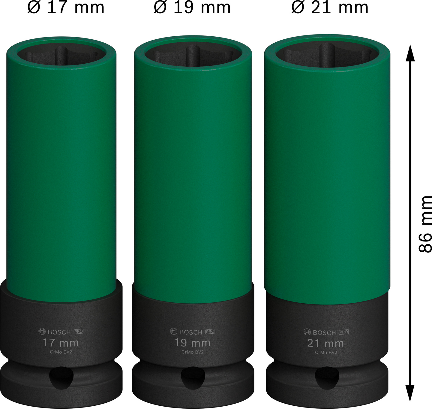 Kuusiohylsysarja Bosch PRO 17, 19 ja 21mm 1/2" 86mm erikoissyvä 3-osainen