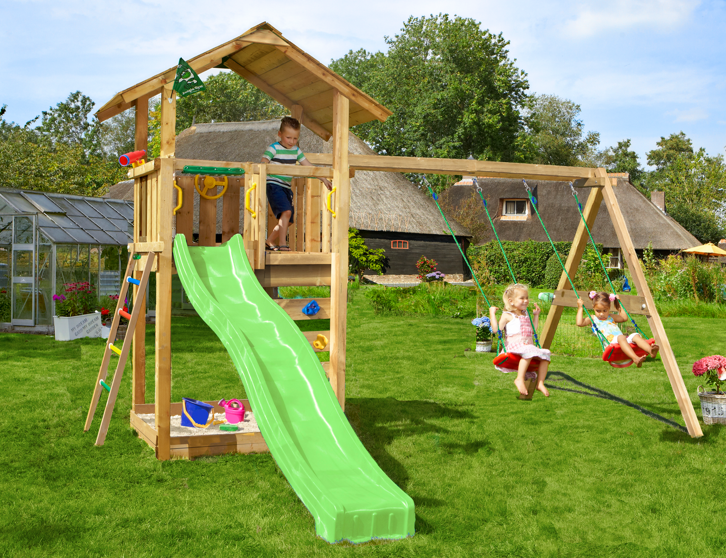 Leikkitorni Jungle Gym Sierra 2.1 ja 2-Swing Module 220 ja vihreä liukumäki