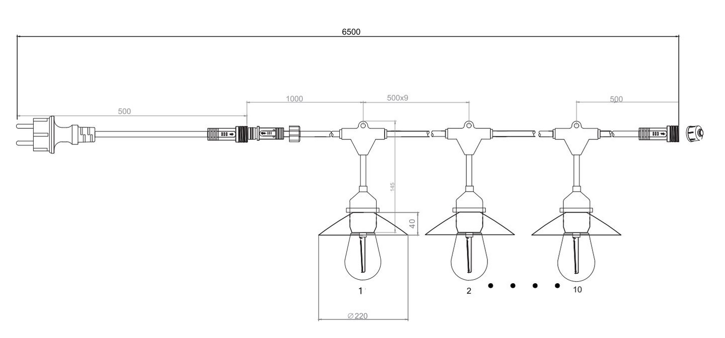Valoketju TRIO Chain 10xE27 6,5m varjostimilla musta
