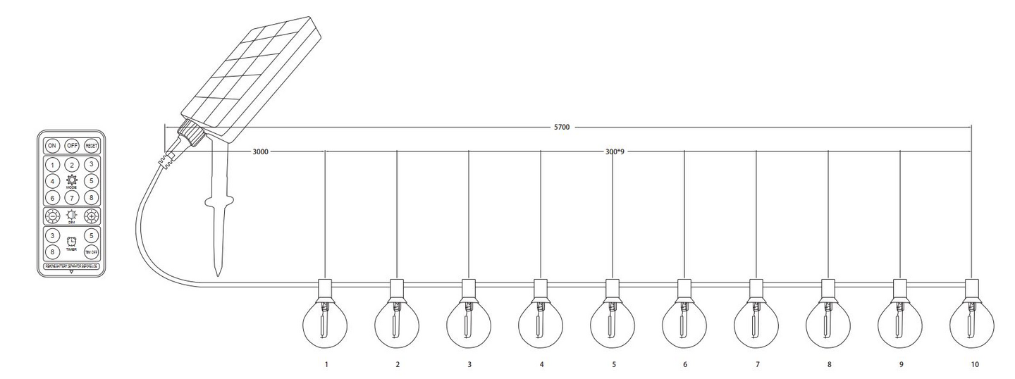 Aurinkokennovaloketju TRIO Mood Hybrid 10xE27 5m musta ladattava