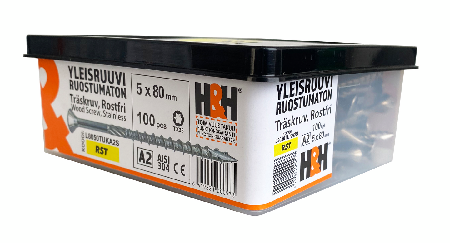 Yleisruuvi 5X80 uppo A2 TX25 100kpl L8050TUKA2S
