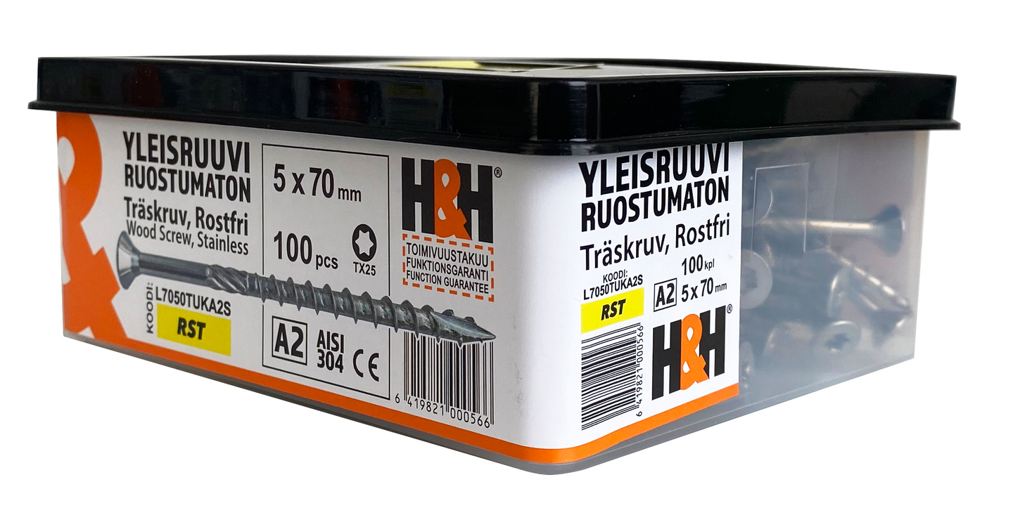 Yleisruuvi 5X70 uppo A2 TX25 100kpl L7050TUKA2S