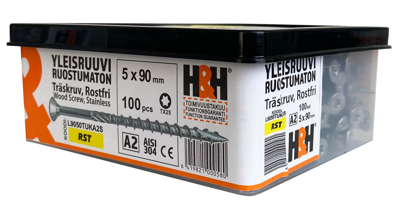 Yleisruuvi 5X90 uppo A2 TX25 100kpl L9050TUKA2S