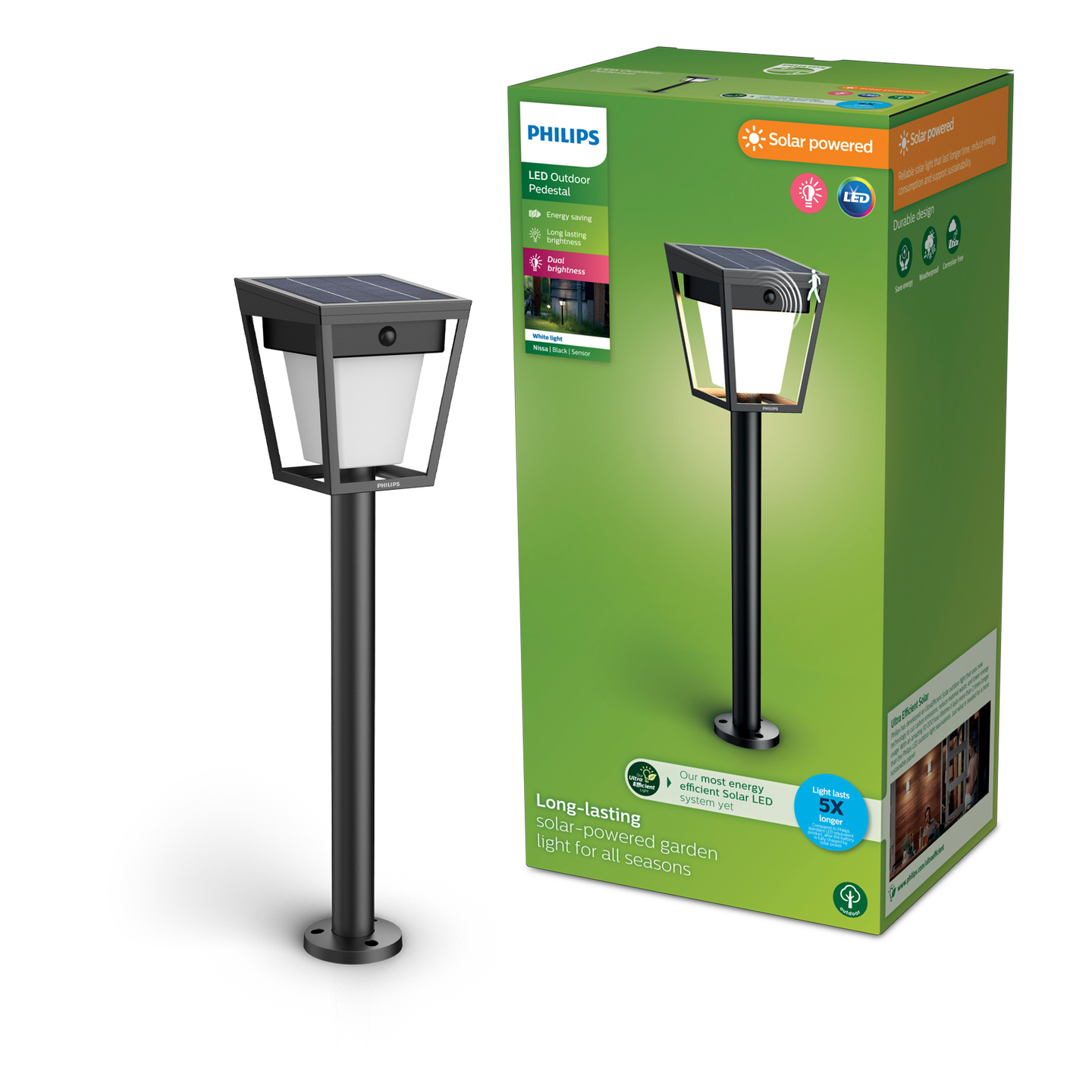 Aurinkokennovalaisin Philips Nissa UE 123x122x490+203mm 1,8W 3000K 250lm musta