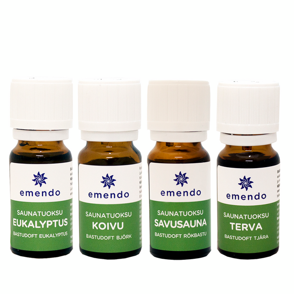 Saunatuoksusetti Emendo 4x10ml Eukalyptus, Koivu, Savusauna ja Terva