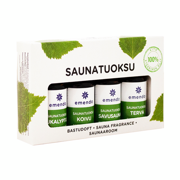 Saunatuoksusetti Emendo 4x10ml Eukalyptus, Koivu, Savusauna ja Terva