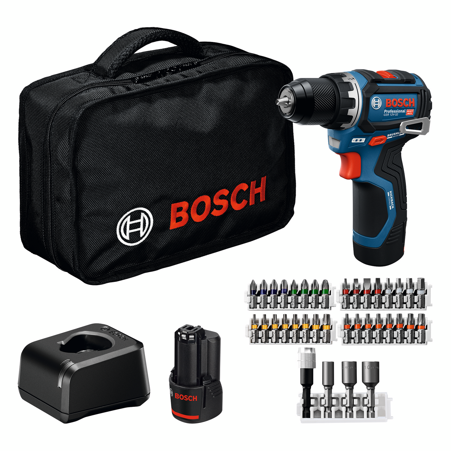 Akkuporakone Bosch GSR 12V-32 2x2Ah 36-os. tarvikesarja laukku