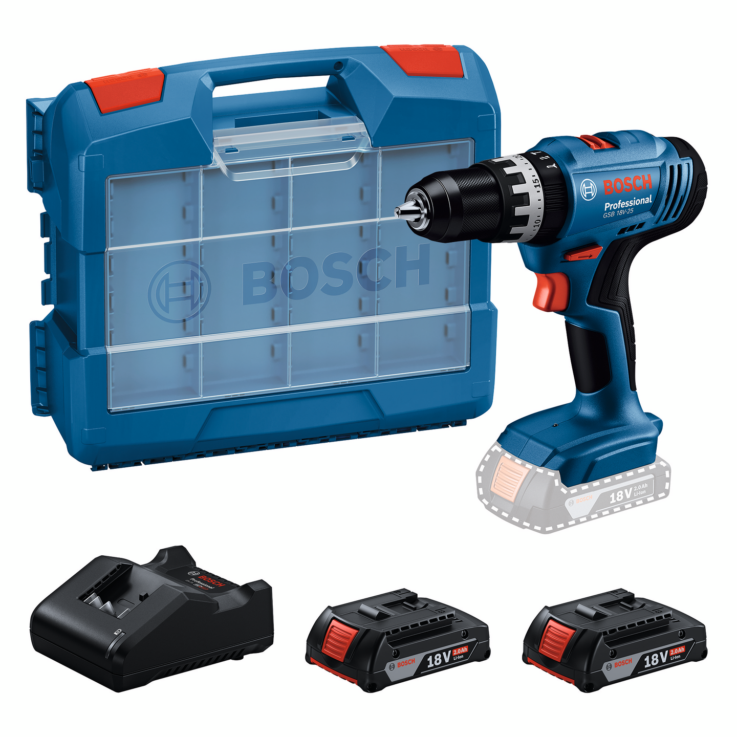 Akkuiskuporakone Bosch GSB 18V-25 2x2Ah 63-os. tarvikesarja L-Case