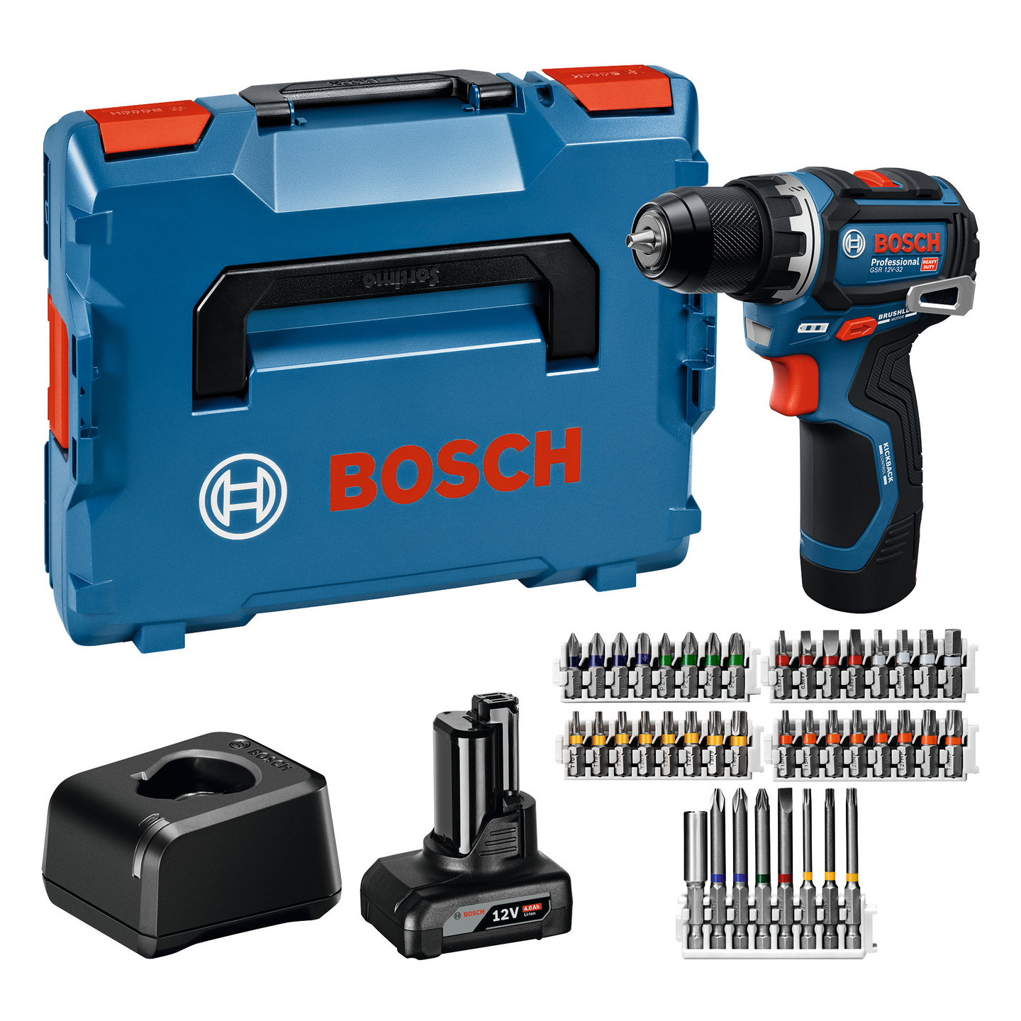 Akkuporakone Bosch GSR 12V-32 1x2,0Ah 1x4,0Ah 40-os. tarvikesarja L-Boxx