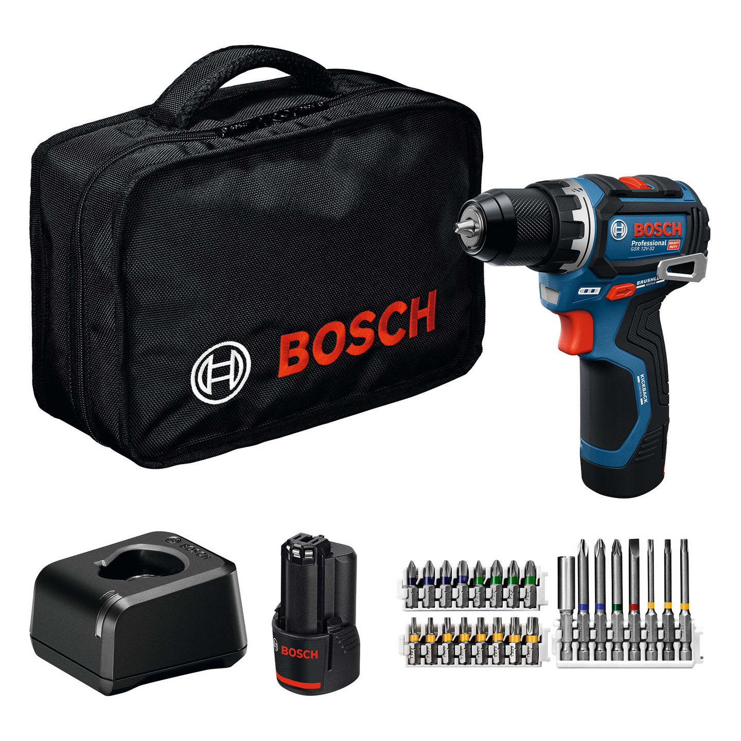 Akkuporakone Bosch GSR 12V-32 2x2Ah 24-os. tarvikesarja laukku