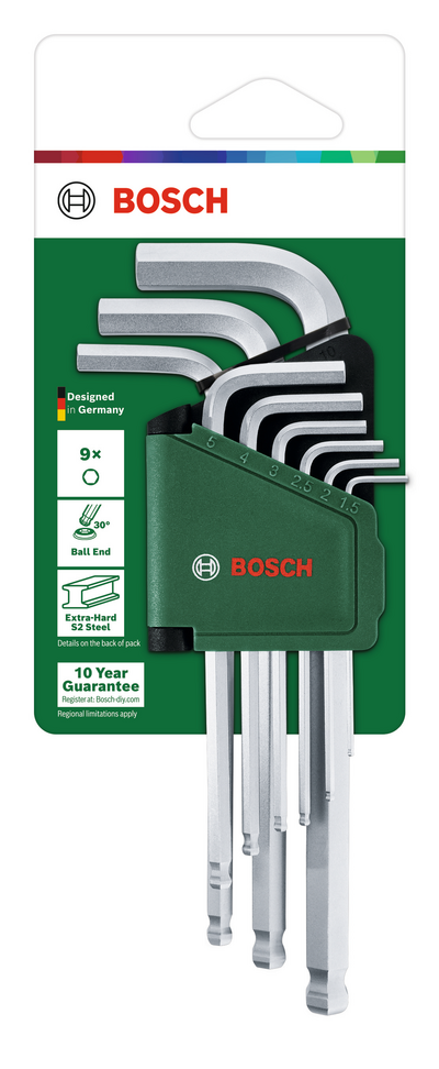 INSEXNYCKELSATS BOSCH 9 DELAR, UPPHÄNGNINGSKORT
