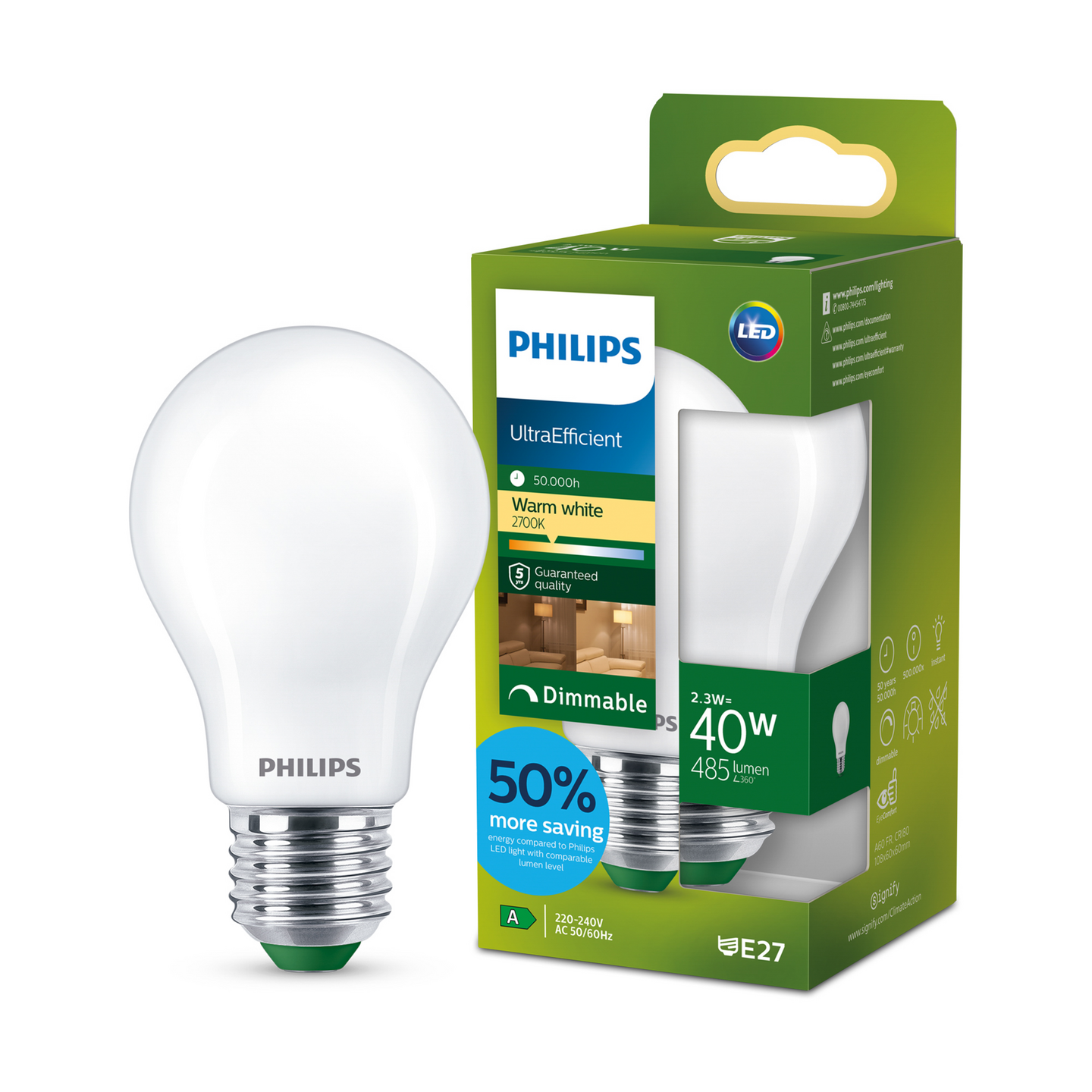 Led-lamppu PHILIPS ULTRA EFFICIENT 485lm 2.3W 2700K E27 huurrettu