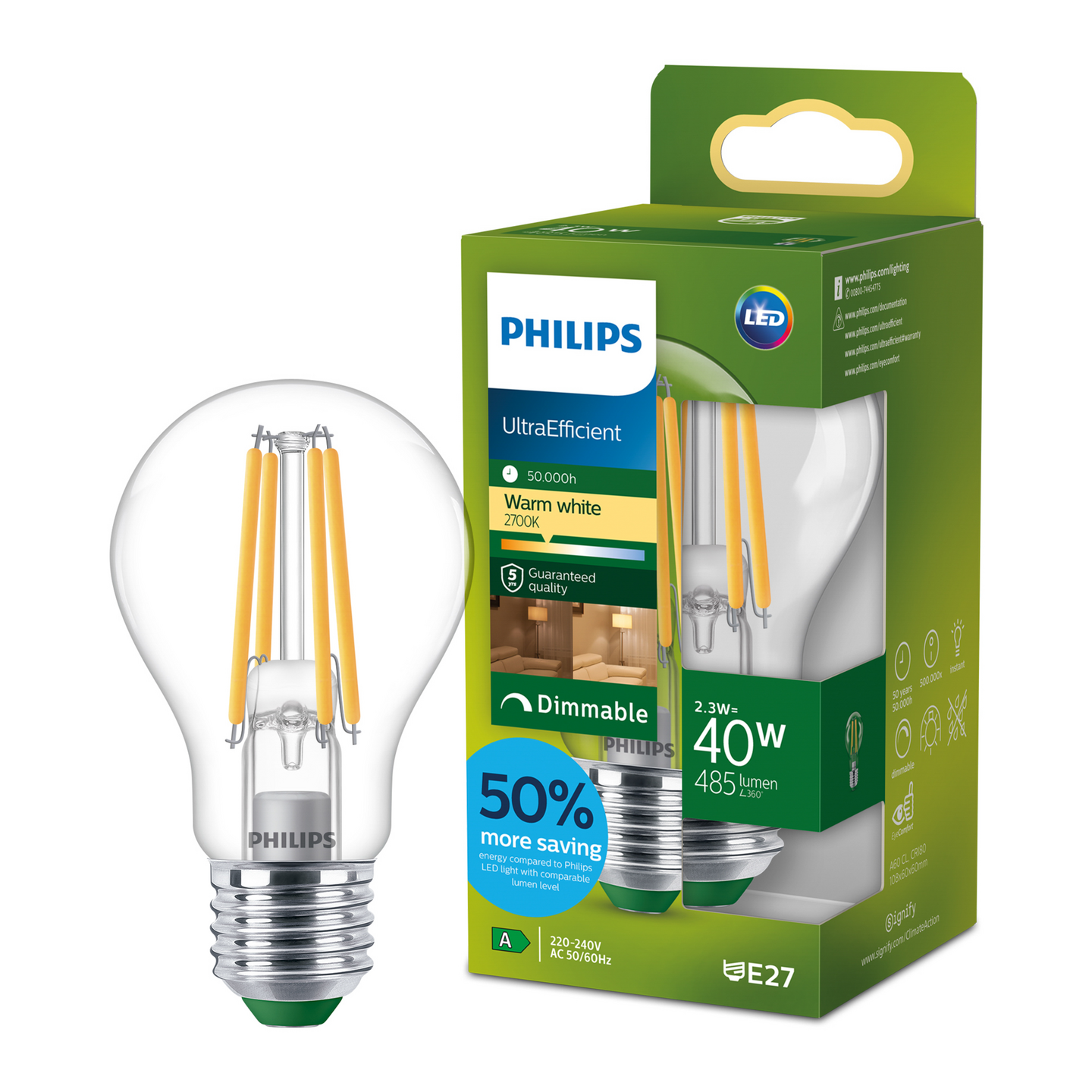 Led-lamppu PHILIPS ULTRA EFFICIENT 485lm 2.3W 2700K E27 kirkas