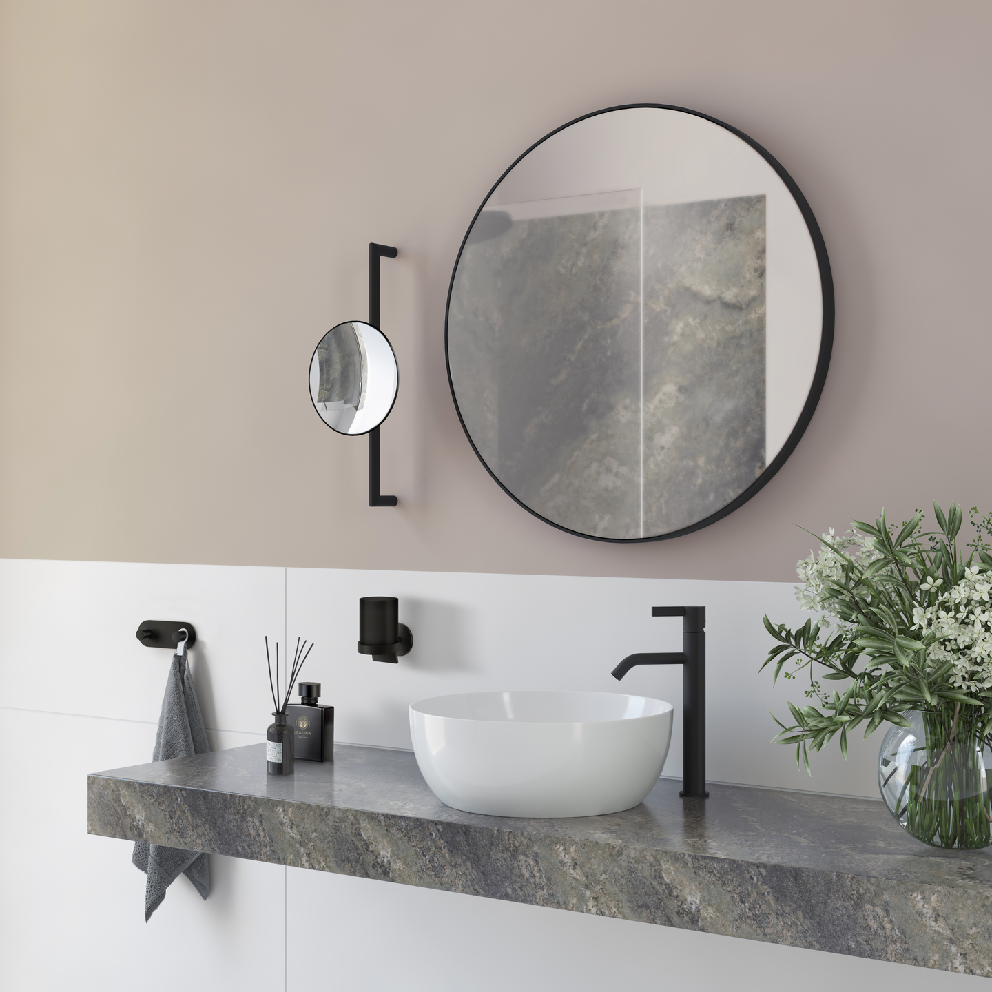 Meikkipeili tangossa säädettävä korkeus  Smedbo Outline FB493 mattamusta. X7