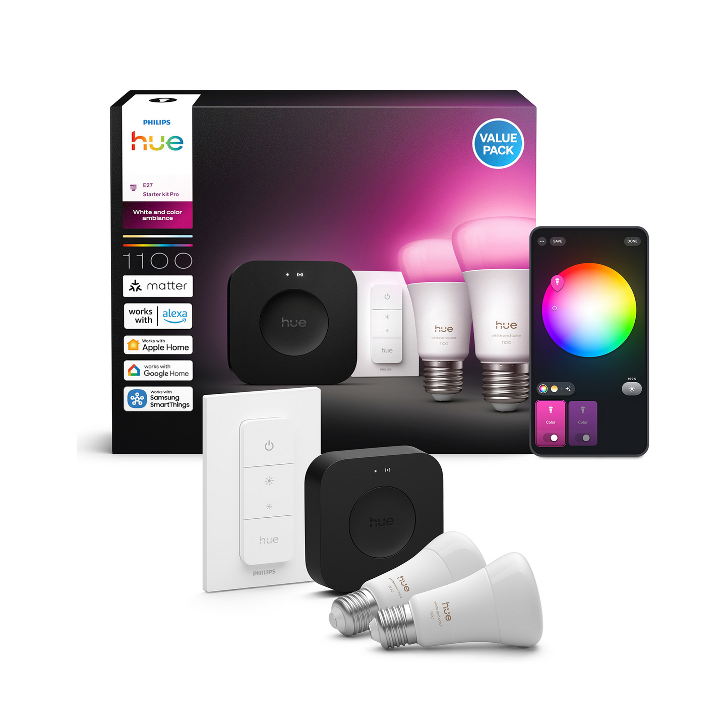 Aloituspakkaus PHILIPS HUE White and Color Ambiance 1100lm 5W 1000-20000K E27