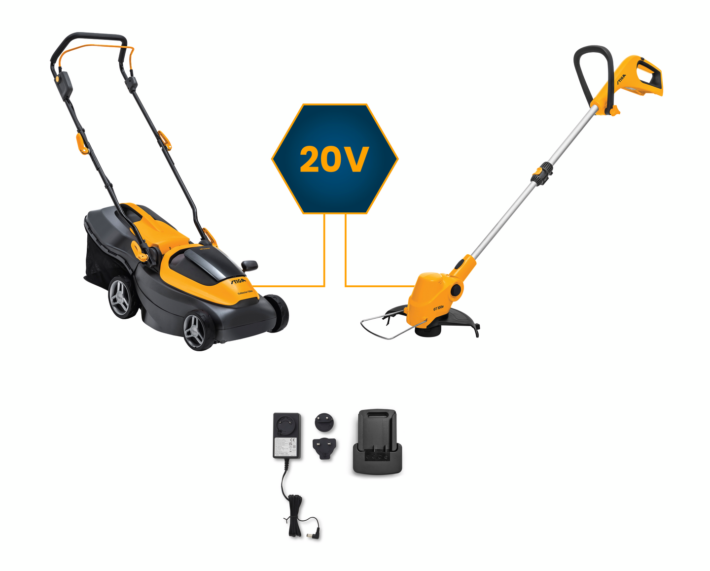 Akkuruohonleikkuri ja trimmeri Stiga Collector 136e Kit 20V 2x2Ah + GT 100e 20V