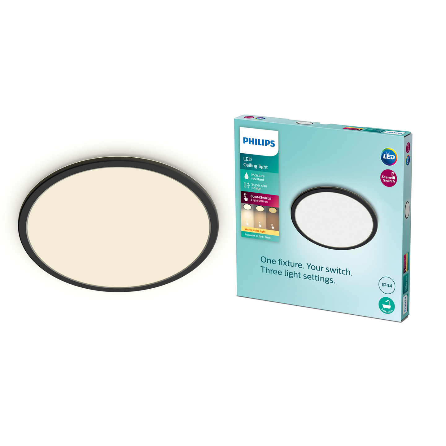 Kattovalaisin Philips Superslim 15W 27K IP44 musta