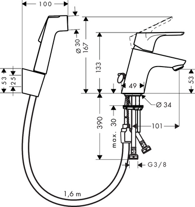 Pesuallashana Hansgrohe 31926000 Focus 70 bide kromi