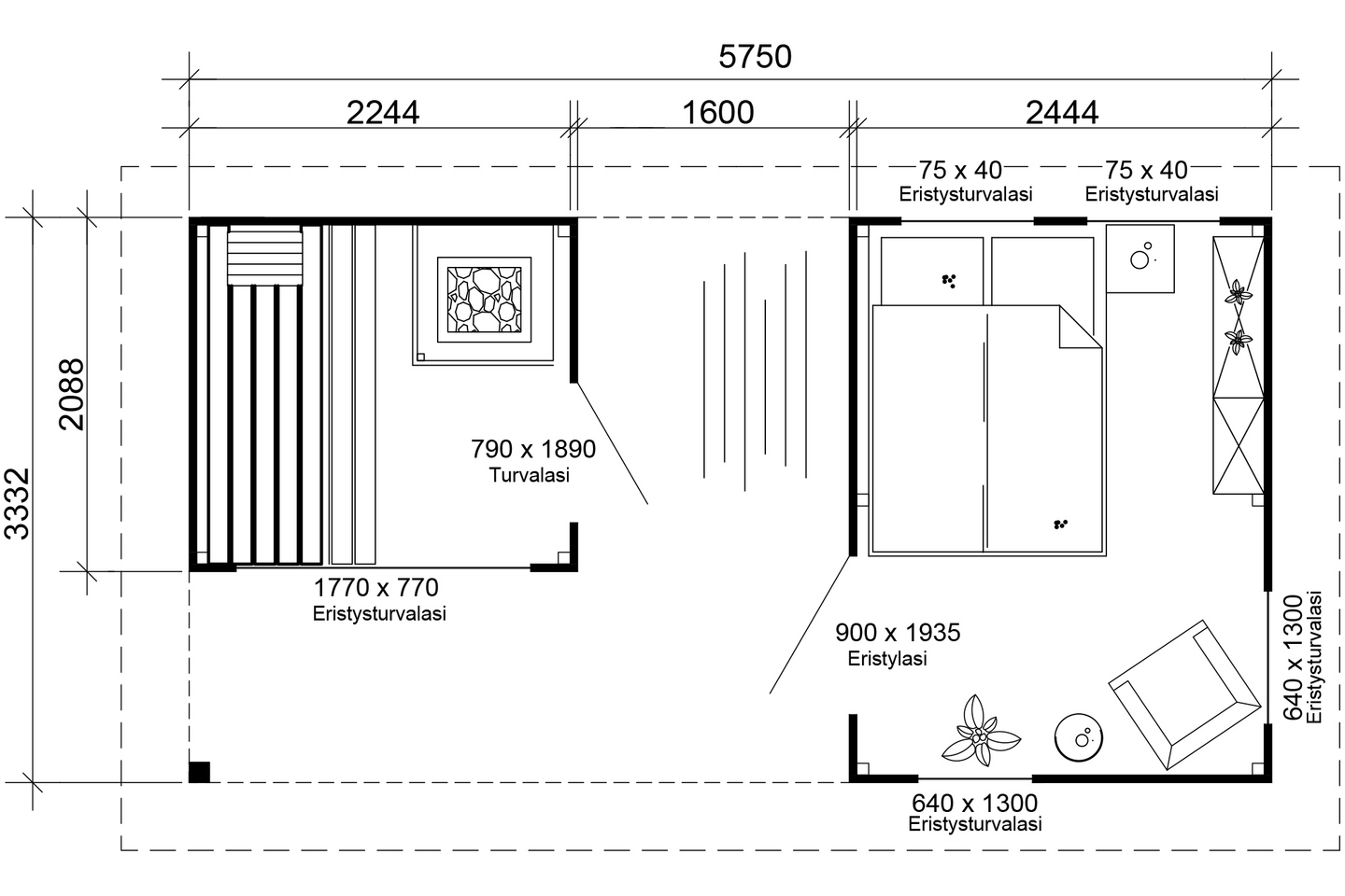 Sauna ja huone Cello Holmenkollen 21,3m²