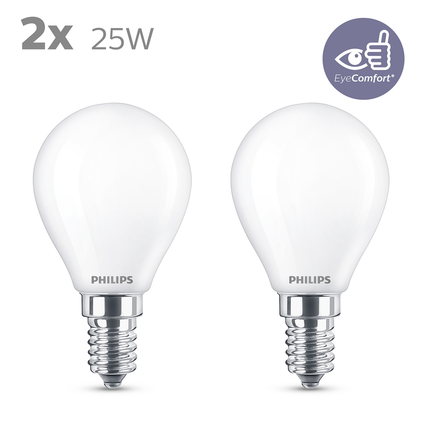 Led-mainoslamppu Philips 2,2W 250lm E14 P45, huurrettu lasi 2kpl