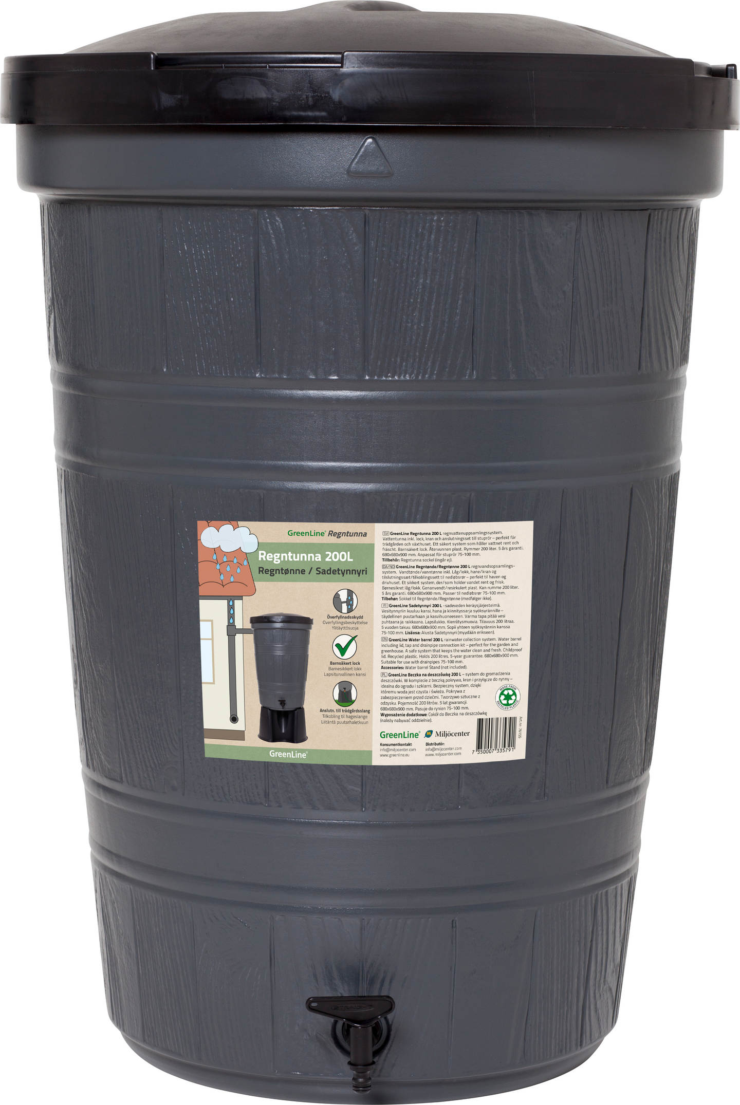 Vesitynnyri 200l Greenline harmaa hanalla ja kannella