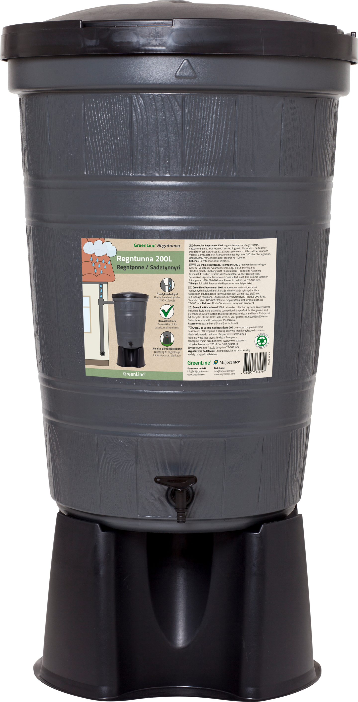 Vesitynnyri 200l Greenline harmaa hanalla ja kannella