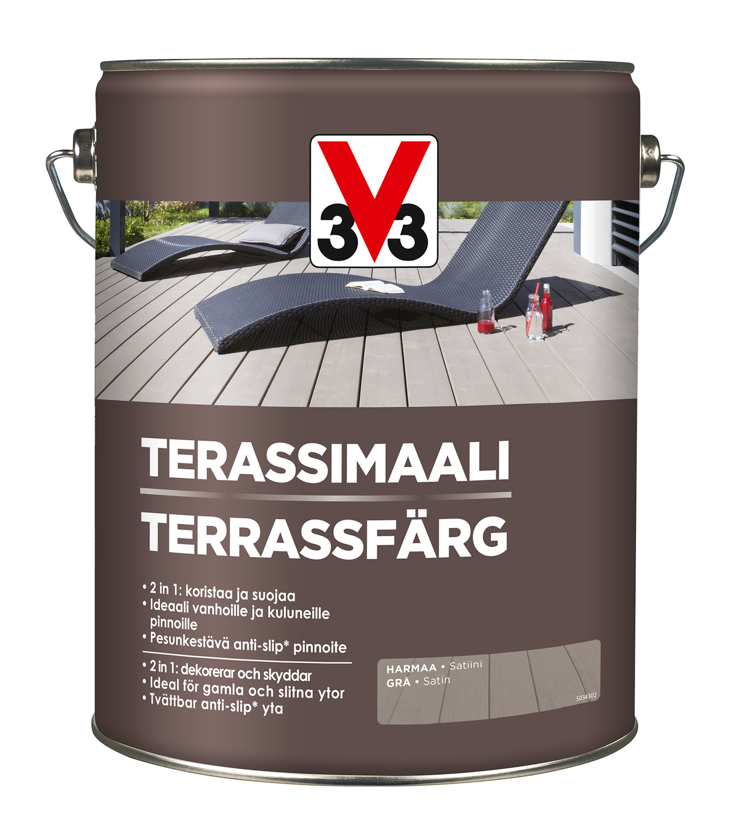 V33 lattiamaali ulkokäyttöön kaikille puupinnoille harmaa 5l