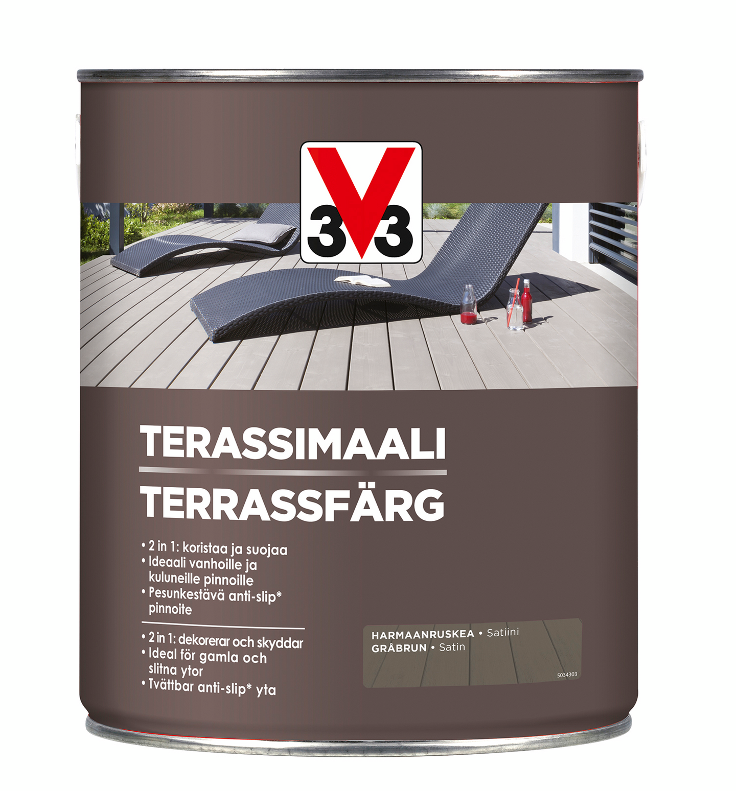 V33 lattiamaali ulkokäyttöön kaikille puupinnoille harmaanruskea 2,5l