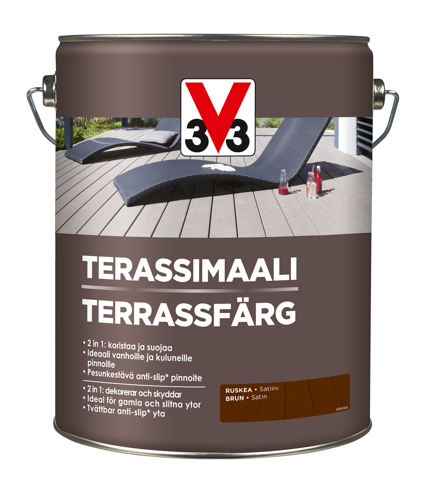V33 lattiamaali ulkokäyttöön kaikille puupinnoille ruskea 5l