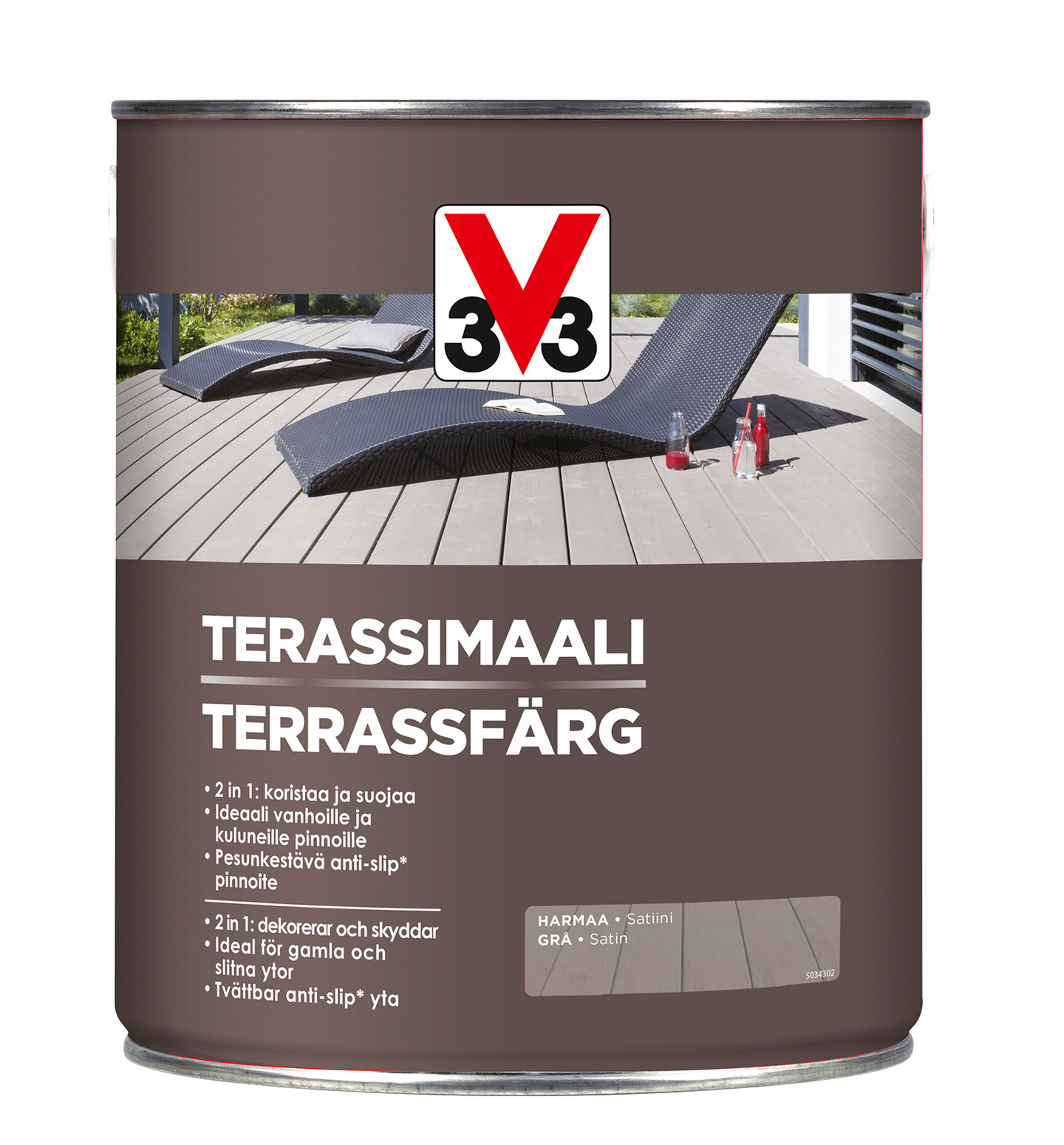 V33 lattiamaali ulkokäyttöön kaikille puupinnoille harmaa 2,5l