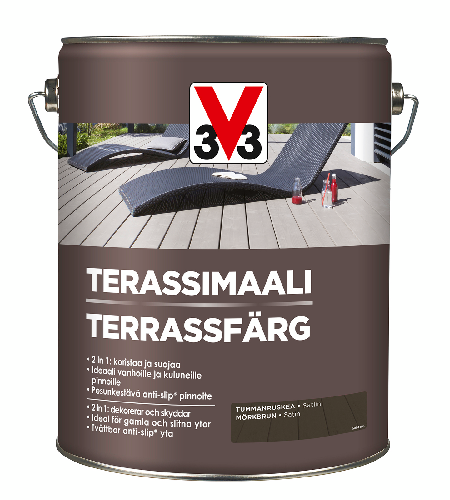 V33 lattiamaali ulkokäyttöön kaikille puupinnoille tummanruskea 5l