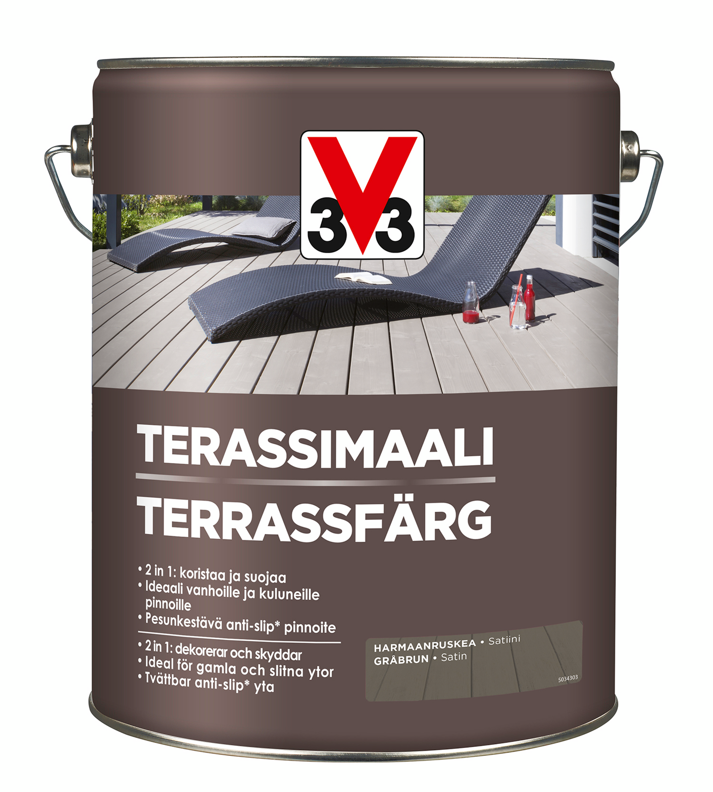 V33 lattiamaali ulkokäyttöön kaikille puupinnoille harmaanruskea 5l