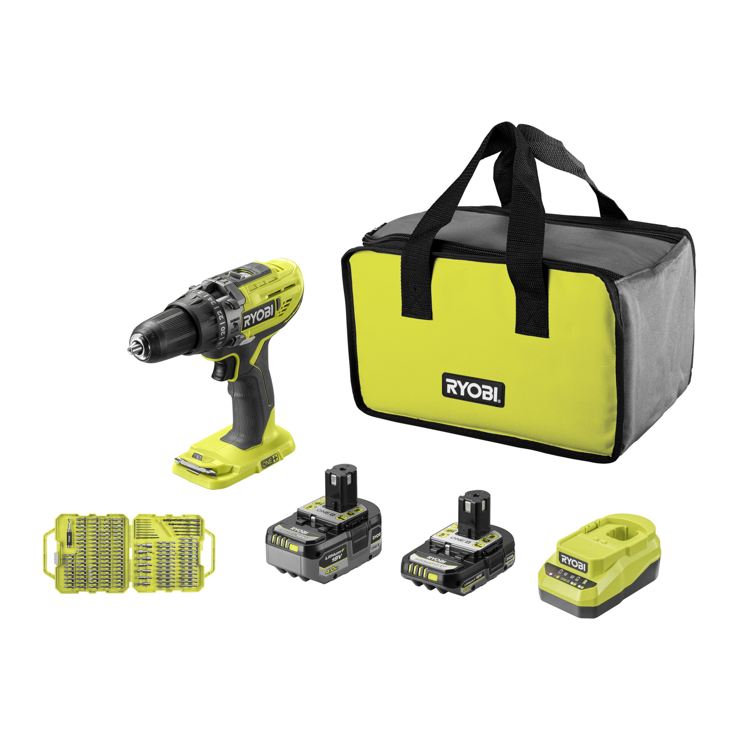 Akkuiskuporakone Ryobi 18V ONE+ 2,0Ah + 4,0Ah + 127-osainen tarvikesarja