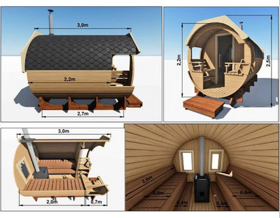 Tynnyrisauna Alex Standard 3,0m x 2,2m valmiiksi koottu
