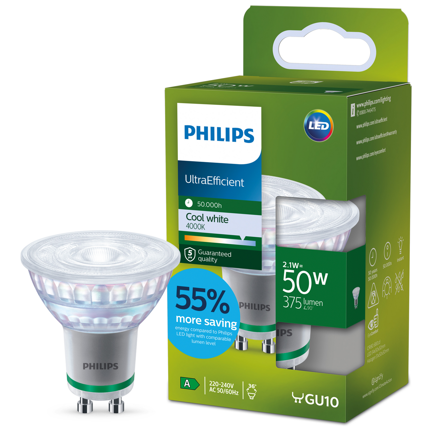 Led-kohdelamppu Philips Ultra Efficient 2,1W GU10 3000K